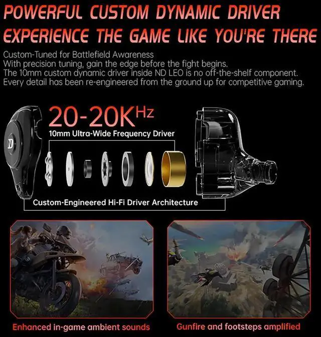 Alt view image 3 of 7 - ND Leo IEM In Ear Monitor Headphones, 10mm Custom Dynamic Driver Earbuds with Dual-Mode Tuning, HiFi Music & Gaming Earphones for Gamers, Musicians, Singers and DJs