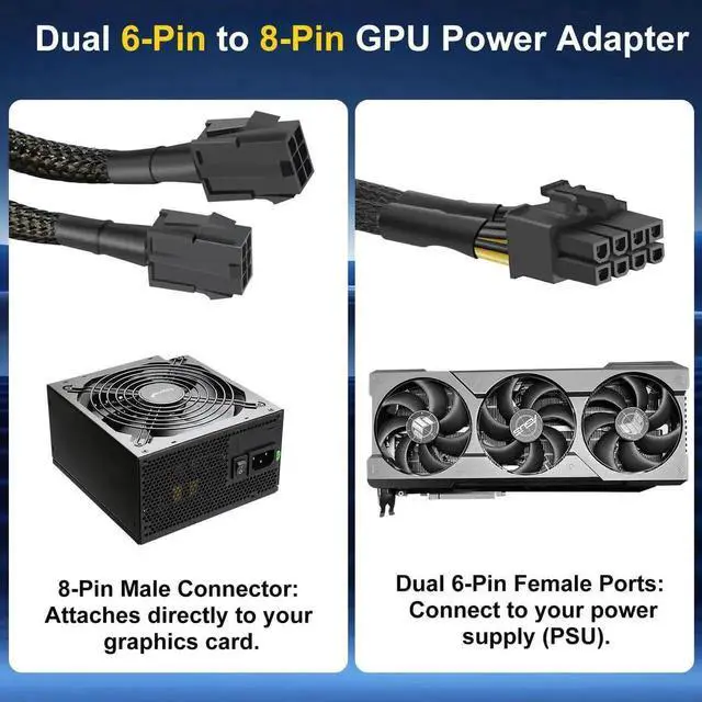 Alt view image 4 of 7 - (2-Pack) Dual 6 Pin Female to 8 Pin Male GPU Power Sleeved Adapter Cable, 24CM/9.5 Inch PCIe Graphics Card Power Conversion Cord