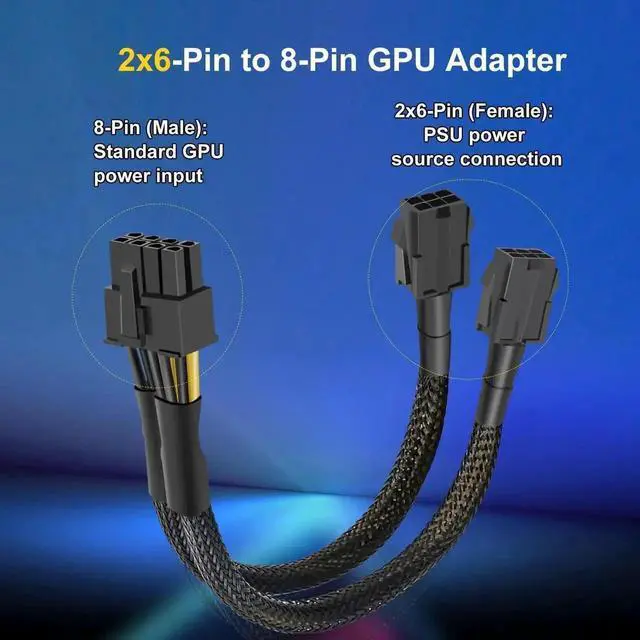 Alt view image 6 of 7 - (2-Pack) Dual 6 Pin Female to 8 Pin Male GPU Power Sleeved Adapter Cable, 24CM/9.5 Inch PCIe Graphics Card Power Conversion Cord