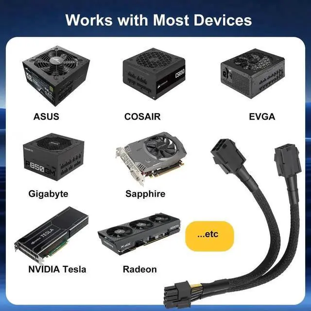 Alt view image 5 of 7 - (2-Pack) Dual 6 Pin Female to 8 Pin Male GPU Power Sleeved Adapter Cable, 24CM/9.5 Inch PCIe Graphics Card Power Conversion Cord