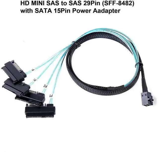 Alt view image 3 of 6 - 1M/3.3FT SFF-8643 Mini SAS to 4×SFF-8482 Breakout Cable, Mini SAS HD to SFF-8482 Hard Drive Cable with SATA Power Adapter