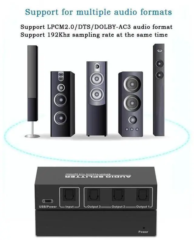 Alt view image 3 of 7 - 3-Way SPDIF Toslink Optical Digital Audio Splitter, 1 Input 3 Outputs Optical Audio Distributor Supports LPCM 2.0, DTS, AC3 Digital Audio Signals