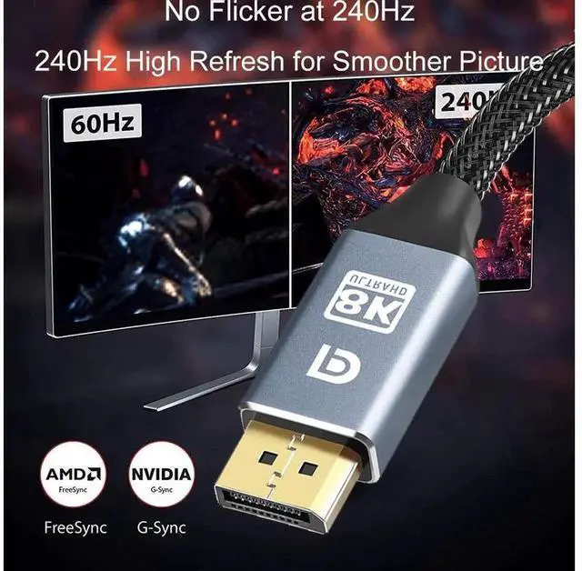 Alt view image 3 of 7 - DisplayPort 1.4 Cable, 3.3FT/1M Grey DP to DP Cord, Supports 8K@60Hz, 4K@240Hz, 2K@144Hz HBR3 High Speed DisplayPort Cable for PC Laptop Gaming Monitor HDTV
