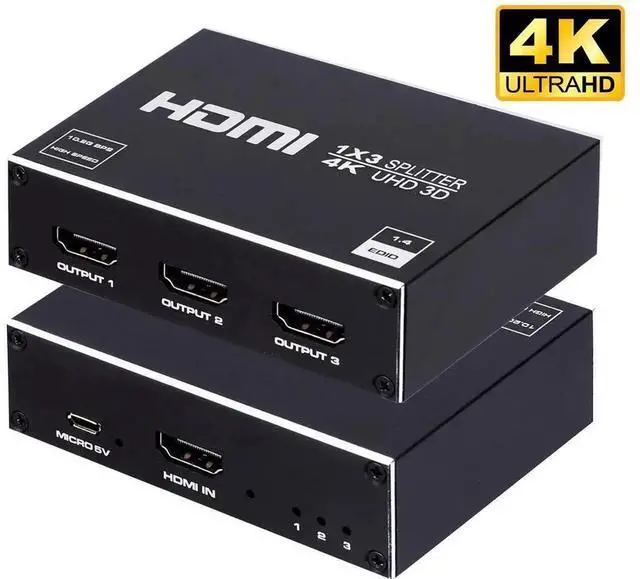 Main image of HDMI Splitter 1x3, 1 in 3 Out HDMI Signal Splitter Supports 4K, Full HD 1080P & 3D Video, Compatible with Xbox, PS3, Roku, Blu-Ray Player, HDTV, Black Housing with AC Power Adapter Included
