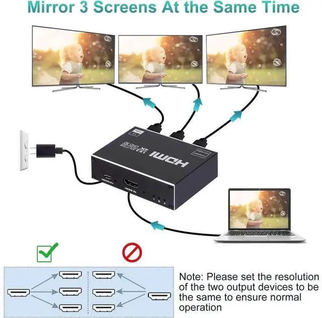 Alt view image 5 of 7 - HDMI Splitter 1x3, 1 in 3 Out HDMI Signal Splitter Supports 4K, Full HD 1080P & 3D Video, Compatible with Xbox, PS3, Roku, Blu-Ray Player, HDTV, Black Housing with AC Power Adapter Included