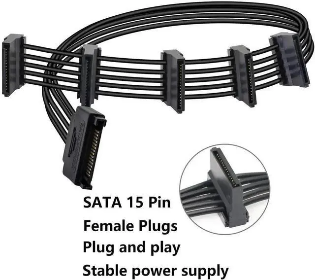 Alt view image 4 of 7 - 15Pin SATA Male to 5 x 15Pin SATA Female Right Angle Power Splitter Cable 50CM, SATA Hard Drive Power Extension Adapter Cord, Right-Angle SATA Splitter for HDD SSD Storage Expansion