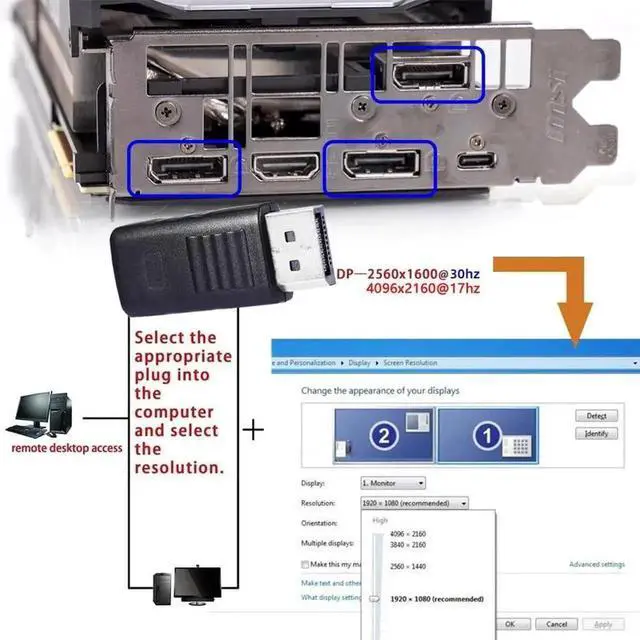 Alt view image 3 of 7 - DP Virtual Display Dummy Plug, DisplayPort Headless Ghost Display Emulator Adapter, Support 4K@17Hz & 2560x1600@60Hz, DP EDID Fake Plug for Remote Access, Mining, Virtual Machine, Headless PC