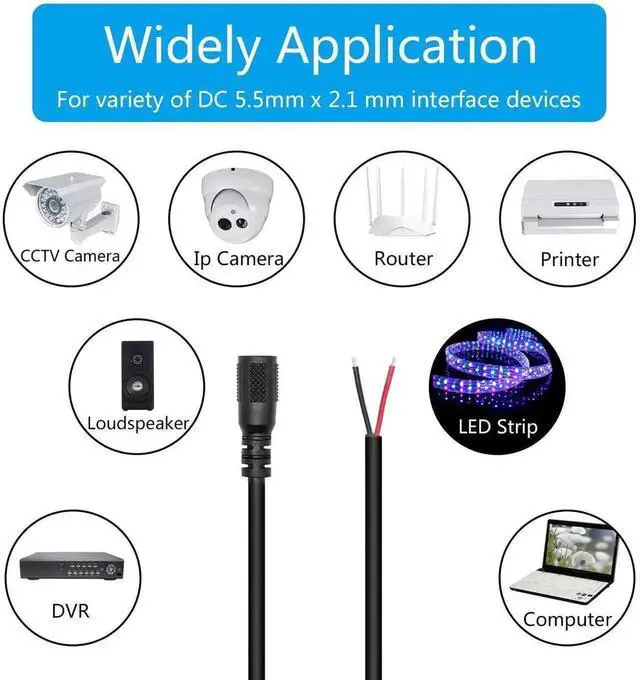 Alt view image 5 of 7 - 12V DC Power Pigtail Cable 2Pcs, 18AWG 0.5M/1.65FT DC 5.5mm x 2.1mm Female Plug to Bare Open End Wire, DC 5521 Female Pigtail Power Cord for DC Power Supply Repair, DIY Electronic Wiring Projects