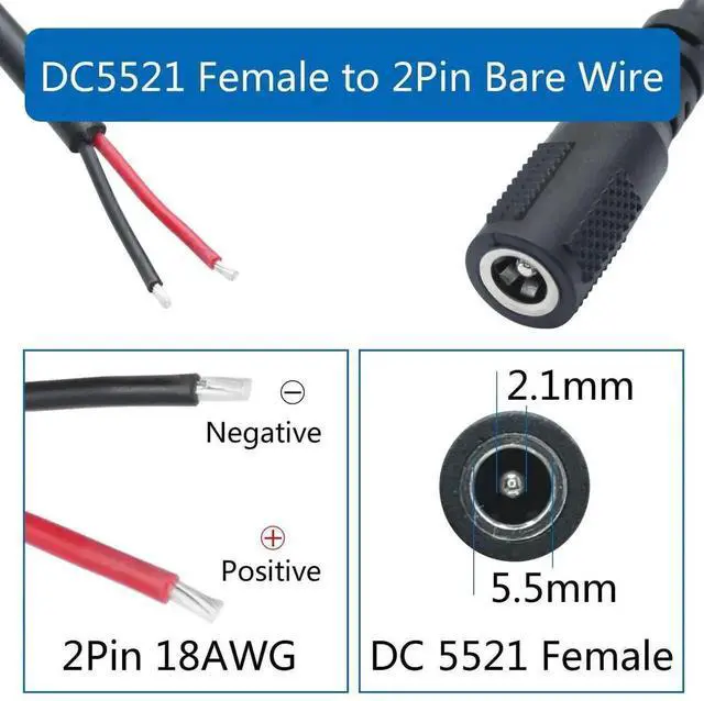 Alt view image 6 of 7 - 12V DC Power Pigtail Cable 2Pcs, 18AWG 0.5M/1.65FT DC 5.5mm x 2.1mm Female Plug to Bare Open End Wire, DC 5521 Female Pigtail Power Cord for DC Power Supply Repair, DIY Electronic Wiring Projects
