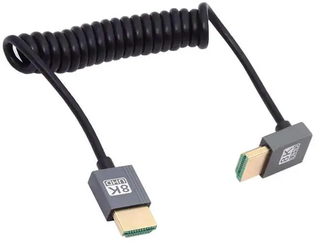 Alt view image 4 of 7 - Down Angled HDMI 2.1 Coiled Cable, 90 Degree HDMI Male to Male Stretch Spring Cable, 8K@60Hz, 100CM for Monitor, HDTV, Desktop PC, Laptop