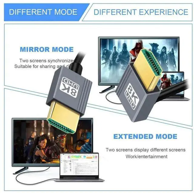 Alt view image 3 of 7 - Down Angled HDMI 2.1 Coiled Cable, 90 Degree HDMI Male to Male Stretch Spring Cable, 8K@60Hz, 100CM for Monitor, HDTV, Desktop PC, Laptop