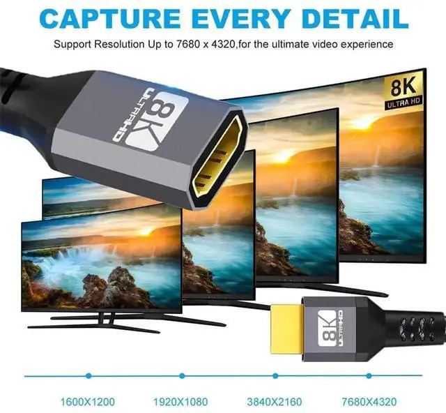 Alt view image 3 of 7 - 0.5M HDMI 2.1 Extension Cable Male to Female, Ultra HD 8K@60Hz 4K@120Hz 48Gbps High Speed HDMI Extension Cord, Supports 3D Audio & Video, Black HDMI Extender Cable for Monitor, Game Console