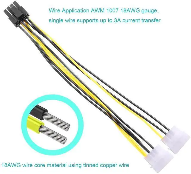 Alt view image 2 of 5 - 2 Pack Dual 4 Pin Molex to PCIe 8 Pin (6+2) GPU Power Adapter Cable, 8.8in/22.8cm Modular Graphics Card Power Conversion Cord, Compatible with Gaming GPU and Mining Graphics Cards