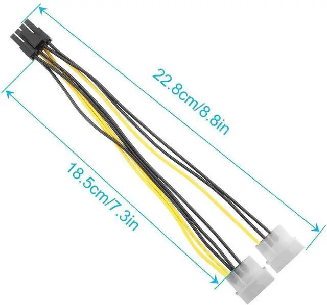 Alt view image 3 of 5 - 2 Pack Dual 4 Pin Molex to PCIe 8 Pin (6+2) GPU Power Adapter Cable, 8.8in/22.8cm Modular Graphics Card Power Conversion Cord, Compatible with Gaming GPU and Mining Graphics Cards