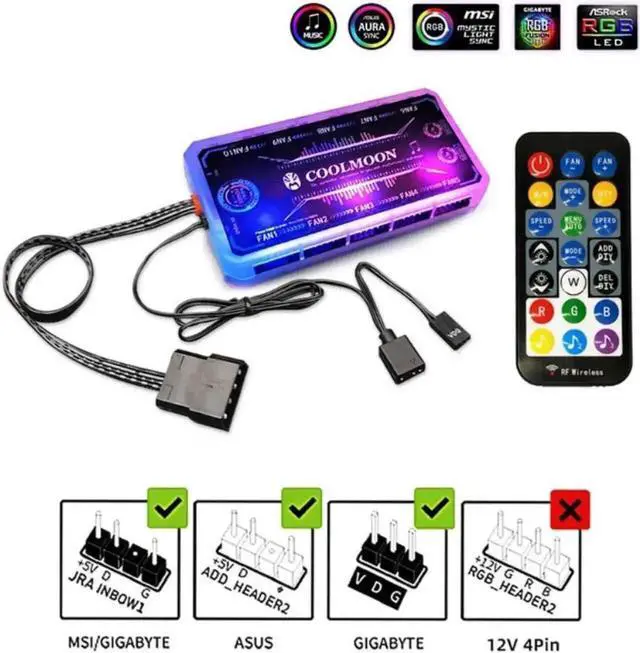 Alt view image 2 of 4 - D7YC COOLMOON RGB Fan Music Controller, PC Chassis Cooling Fan Hub, Support Motherboard Lighting Sync, RF Remote Control & Music Rhythm Mode for Case ARGB Fans