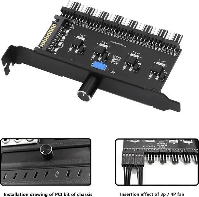 Alt view image 4 of 7 - 8 Channels PC Fan Speed Controller with Knob, 12V PWM Cooling Fan Hub, PCI Bracket Mount, SATA Power Supply, Manual Speed Adjustment for CPU Case VGA HDD Fans