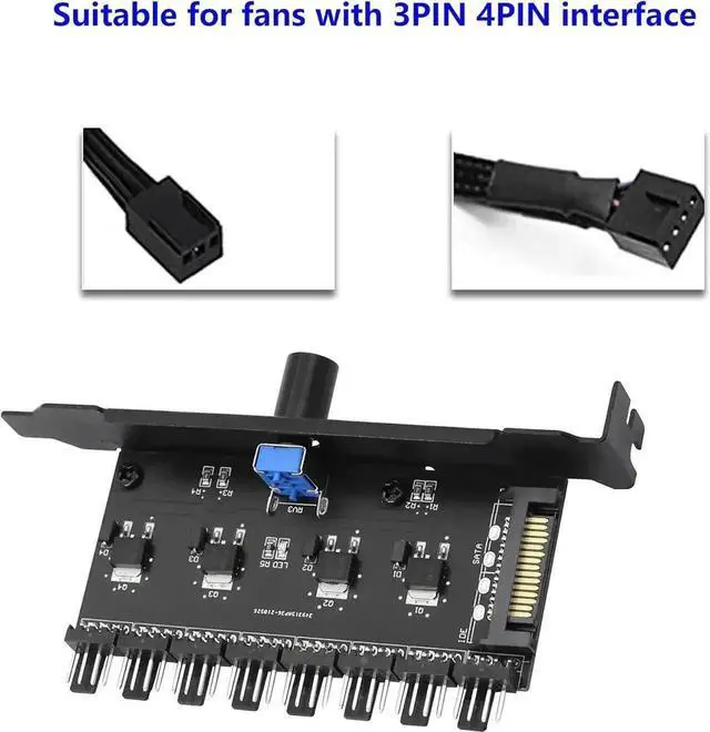Alt view image 2 of 7 - 8 Channels PC Fan Speed Controller with Knob, 12V PWM Cooling Fan Hub, PCI Bracket Mount, SATA Power Supply, Manual Speed Adjustment for CPU Case VGA HDD Fans