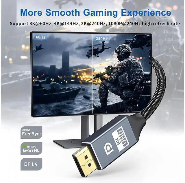Alt view image 2 of 7 - VESA Certified DisplayPort 1.4 Cable 2M(6.6ft), 8K@60Hz 4K@144Hz DP to DP Nylon Braided Cord, HBR3 32.4Gbps, Support HDR DSC 1.2 HDCP2.2 for Gaming Monitor PC
