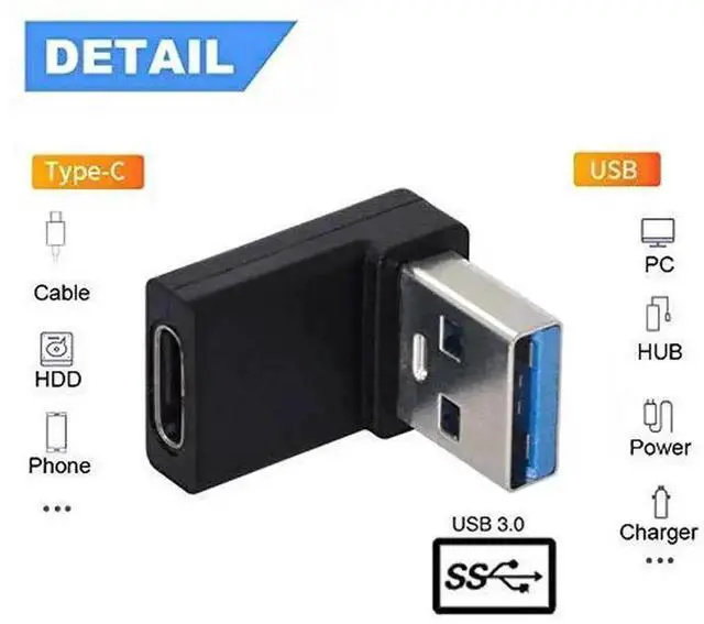 Alt view image 6 of 7 - 90 Degree Down Angled USB 3.0 A Male to Type-C Female Adapter, 5Gbps High Speed USB-C Data Connector for Laptop Desktop