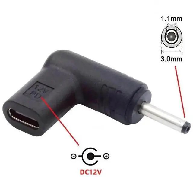 Alt view image 2 of 7 - 90 Degree Angled USB-C Female to DC 12V 3.0x1.1mm Plug PD Trigger Adapter, USB 3.1 Type-C PD Emulator Power Supply Connector