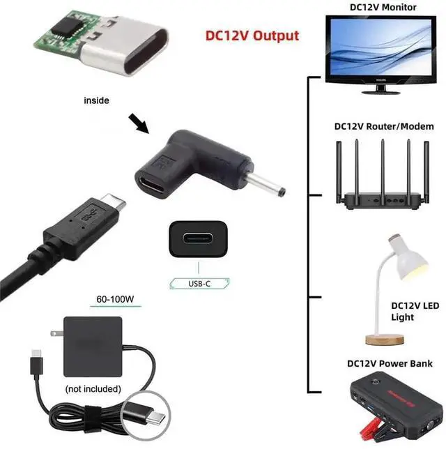 Alt view image 3 of 7 - 90 Degree Angled USB-C Female to DC 12V 3.0x1.1mm Plug PD Trigger Adapter, USB 3.1 Type-C PD Emulator Power Supply Connector