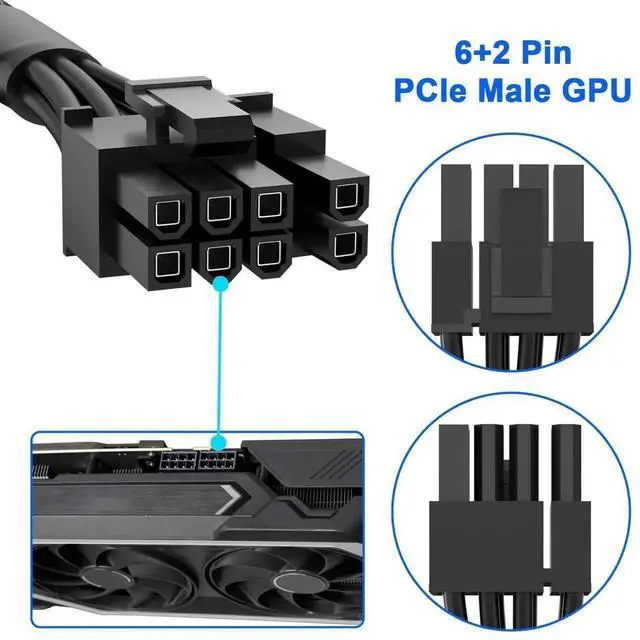 Alt view image 3 of 6 - Modular PCIe GPU Power Cable for MSI PSU, PCIe 8 Pin Male to 6+2 Pin Male Extension Cord, 18AWG 10A Braided Modular Cable Fit MSI MAG A750GL A850GL, 65CM / 25.6 Inch, Black
