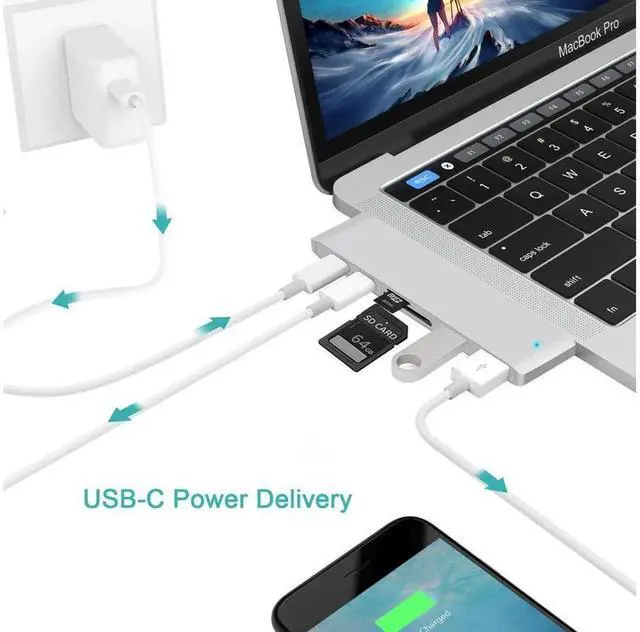 Alt view image 3 of 7 - USB C Hub Adapter for MacBook Air 2018, MacBook Pro 2016/2017/2018, Dual Type-C Docking Station with SD/TF Card Reader, 2×40Gbps Thunderbolt 3 Ports & 2 USB 3.0 Ports, Gray, eokCXOY