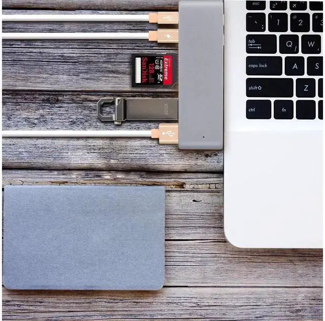 Alt view image 5 of 7 - USB C Hub Adapter for MacBook Air 2018, MacBook Pro 2016/2017/2018, Dual Type-C Docking Station with SD/TF Card Reader, 2×40Gbps Thunderbolt 3 Ports & 2 USB 3.0 Ports, Gray, eokCXOY