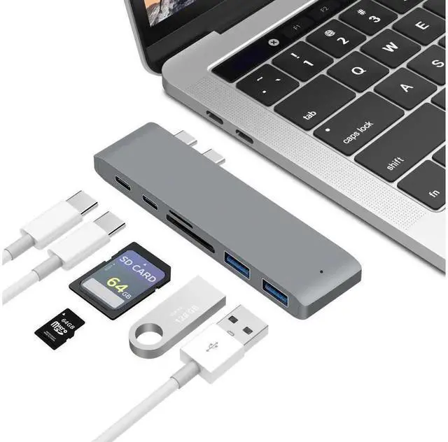 Main image of USB-C Hub Adapter for MacBook Air 2018, MacBook Pro 2016/2017/2018, Dual Thunderbolt 3 Hub with SD/TF Card Reader, 2×40Gbps Thunderbolt 3 Ports + 2 USB 3.0 Ports, Aluminum Gray, eokCXOY