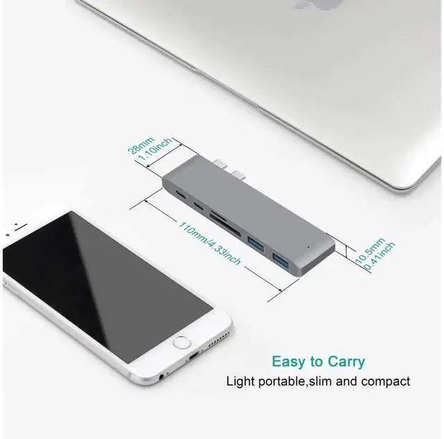 Alt view image 6 of 7 - USB-C Hub Adapter for MacBook Air 2018, MacBook Pro 2016/2017/2018, Dual Thunderbolt 3 Hub with SD/TF Card Reader, 2×40Gbps Thunderbolt 3 Ports + 2 USB 3.0 Ports, Aluminum Gray, eokCXOY