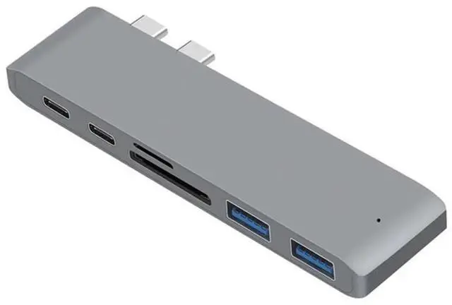 Alt view image 7 of 7 - USB-C Hub Adapter for MacBook Air 2018, MacBook Pro 2016/2017/2018, Dual Thunderbolt 3 Hub with SD/TF Card Reader, 2×40Gbps Thunderbolt 3 Ports + 2 USB 3.0 Ports, Aluminum Gray, eokCXOY