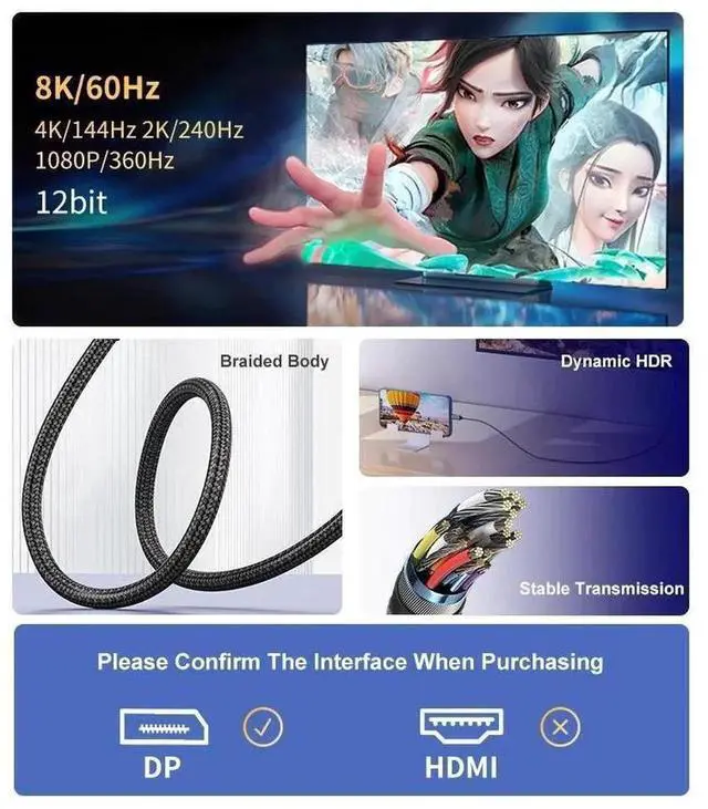 Alt view image 7 of 7 - 8K USB C to DisplayPort 1.4 Braided Cable 3.3Ft, Thunderbolt 4/3 to DP Cable, 8K@60Hz 4K@165Hz 32.4Gbps, Compatible with MacBook Pro/Air, iPad, XPS