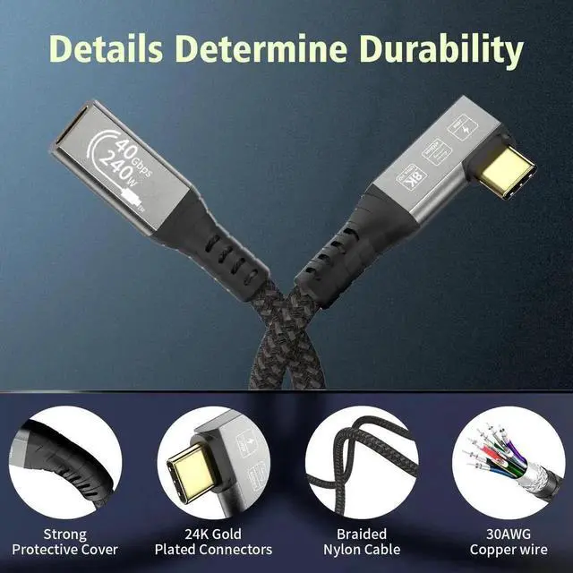 Alt view image 2 of 7 - USB-C Female Extension Cable 0.5M, Thunderbolt 4 Compatible, 240W PD3.1 Fast Charging, 40Gbps Data Transfer, 8K@60Hz Video Output, USB Type C Extender for MacBook, Hub, Dock, SSD