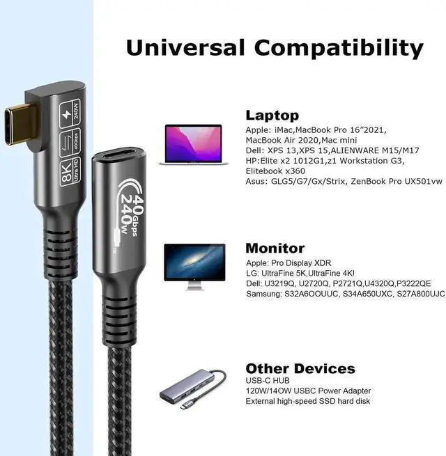 Alt view image 3 of 7 - USB-C Female Extension Cable 0.5M, Thunderbolt 4 Compatible, 240W PD3.1 Fast Charging, 40Gbps Data Transfer, 8K@60Hz Video Output, USB Type C Extender for MacBook, Hub, Dock, SSD