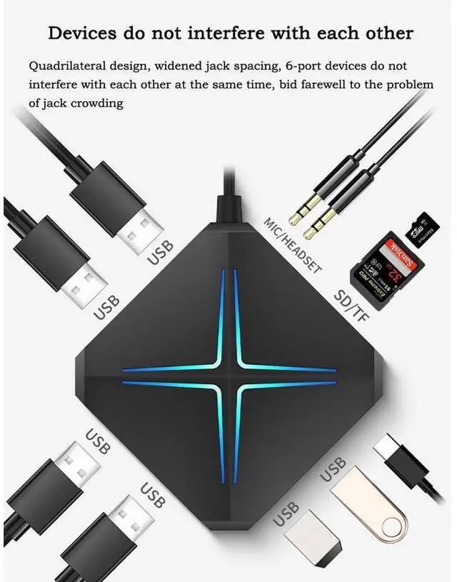 Alt view image 4 of 7 - USB 2.0 Multi-Function Hub, 1-to-6 USB Splitter Expander with Card Reader & 3.5mm Audio Jack, Supports Microphone and Audio Output