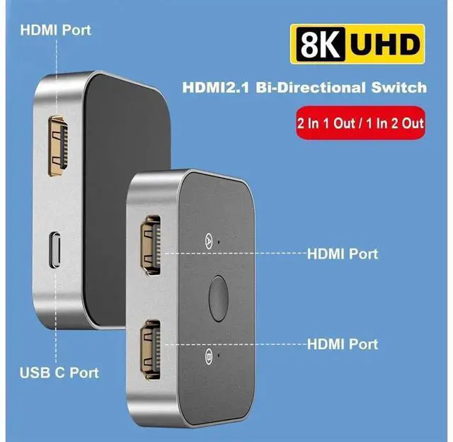 Alt view image 5 of 7 - 2 Port 8K HDMI 2.1 Bi-Directional Switch, Aluminum HDMI Switcher 2 in 1 Out / 1 in 2 Out, Supports 8K@60Hz, 4K@120Hz, HDMI Switch Splitter for PS5, Xbox, Fire Stick, Roku, Blu-Ray Player