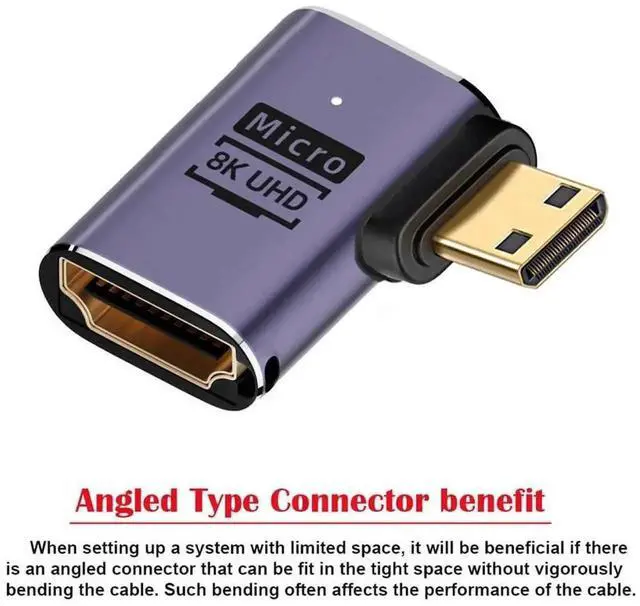 Alt view image 2 of 7 - 8K Right Angled Mini HDMI Male to HDMI 2.1 Female Adapter, UHD Gold-Plated Extension Converter, Supports 8K@60Hz for HDTV, Camera, Monitor
