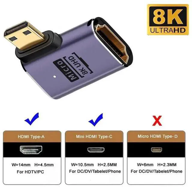 Alt view image 4 of 7 - 8K Right Angled Mini HDMI Male to HDMI 2.1 Female Adapter, UHD Gold-Plated Extension Converter, Supports 8K@60Hz for HDTV, Camera, Monitor