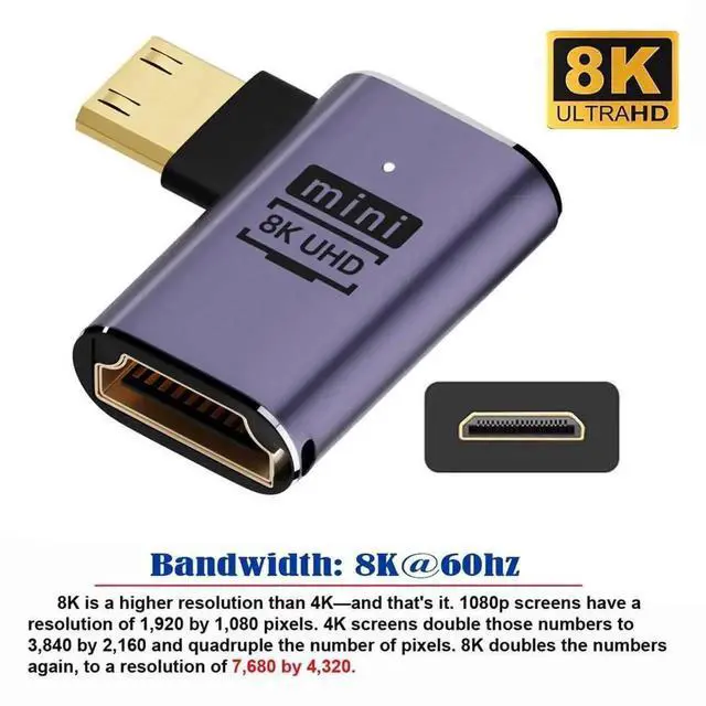 Alt view image 7 of 7 - 8K Right Angled Mini HDMI Male to HDMI 2.1 Female Adapter, UHD Gold-Plated Extension Converter, Supports 8K@60Hz for HDTV, Camera, Monitor