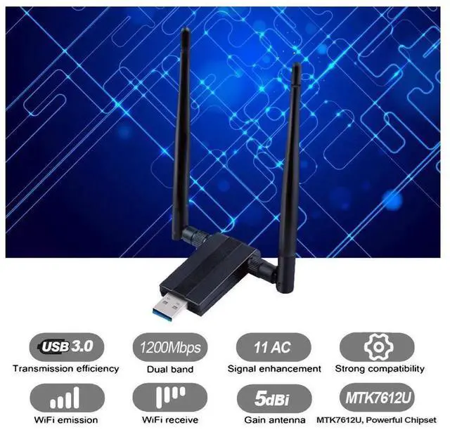 Alt view image 5 of 7 - 1200Mbps USB 3.0 Wireless WiFi Adapter, Dual Band 2.4G/5G WiFi Dongle with 5dBi Antenna, 802.11AC Network Receiver for Desktop PC Laptop, Supports Windows XP/Vista/7/8/10