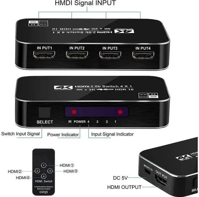 Alt view image 7 of 7 - 4-Port 4K HDR HDMI 2.0 Switcher with IR Remote Control, 4 in 1 Out HDMI Switch Selector, Supports 4K@60Hz, HDR10, Dolby Vision, HDCP 2.2, 3D, 18.5Gbps Bandwidth for Game Consoles, TV, Projector