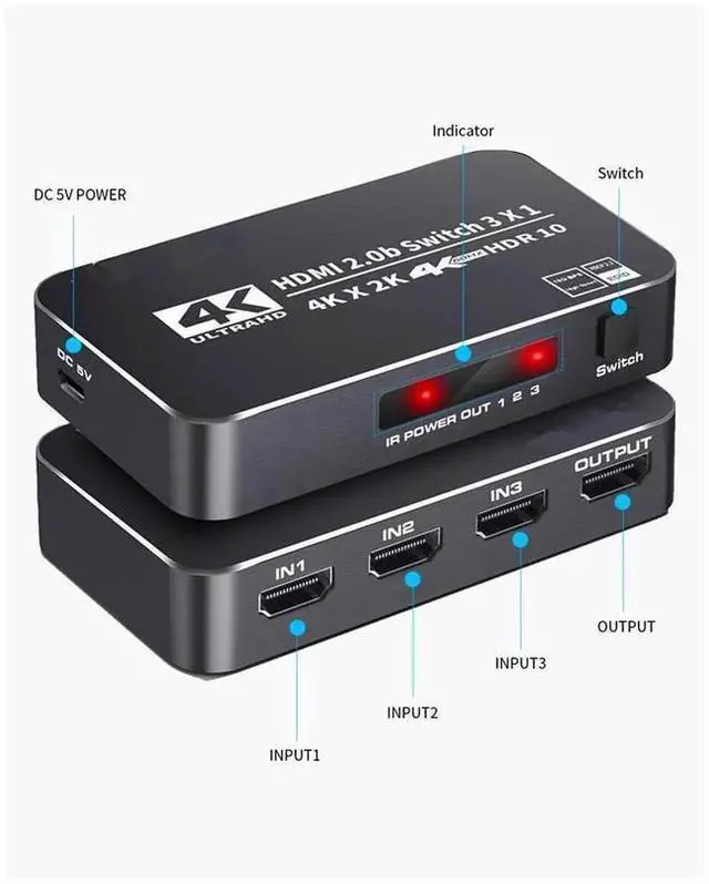 Alt view image 2 of 7 - 3-Port 4K HDR HDMI 2.0 Switcher with IR Remote Control, 3 in 1 Out HDMI Signal Selector, Supports 4K@60Hz, 18.5Gbps Bandwidth, HDR10, Dolby Vision, HDCP 2.2 & 3D for Game Consoles, HDTV, Projector