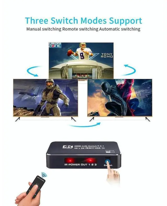 Alt view image 3 of 7 - 3-Port 4K HDR HDMI 2.0 Switcher with IR Remote Control, 3 in 1 Out HDMI Signal Selector, Supports 4K@60Hz, 18.5Gbps Bandwidth, HDR10, Dolby Vision, HDCP 2.2 & 3D for Game Consoles, HDTV, Projector