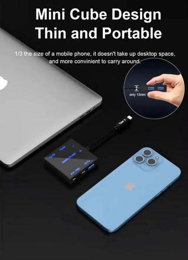 Alt view image 6 of 7 - Portable 5-in-1 USB 3.0 Hub with LED Indicator Light, 5Gbps USB Data Hub, SD TF Card Reader, USB-C Powered Multiport Adapter for Laptop PC Desktop