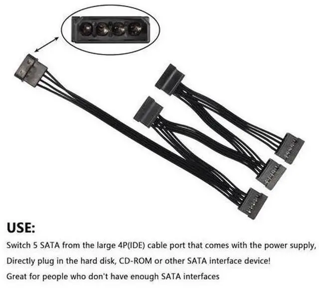 Alt view image 2 of 7 - SinLoon LP4 IDE 4 Pin Male to 5 SATA Female Power Splitter Cable,24cm 18AWG IDE to SATA Power Extension Cord,for Hard Drive HDD,SSD,Optical Drive PC Power Supply