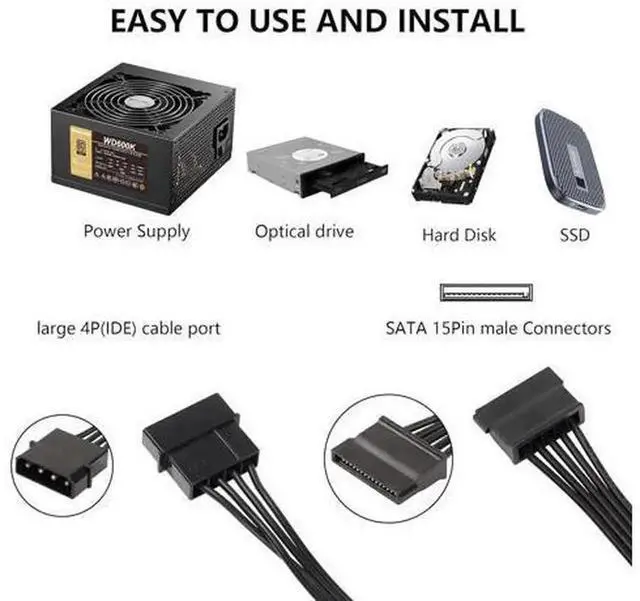 Alt view image 6 of 7 - SinLoon LP4 IDE 4 Pin Male to 5 SATA Female Power Splitter Cable,24cm 18AWG IDE to SATA Power Extension Cord,for Hard Drive HDD,SSD,Optical Drive PC Power Supply