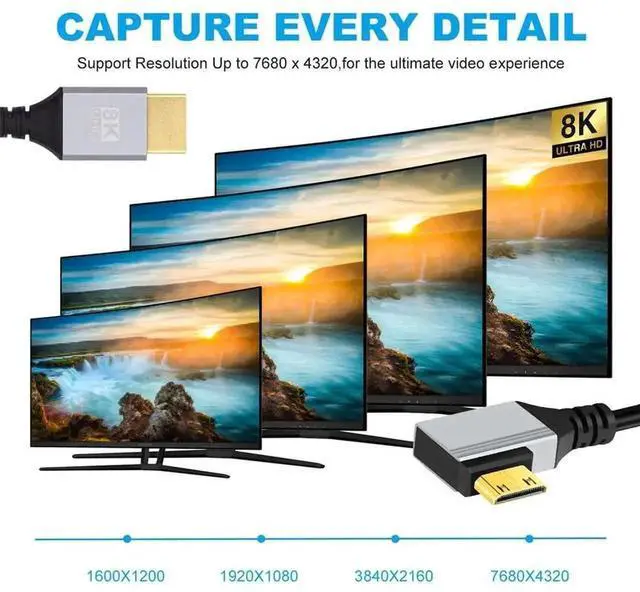 Alt view image 6 of 7 - 0.5m Ultra Thin 90 Degree Right Angled Mini HDMI 2.1 Type-A to Type-C Cable,8K 4K Hyper Flexible Slim HDTV Cord,High Speed Video Cable for Camera,Monitor,HDTV,Projector