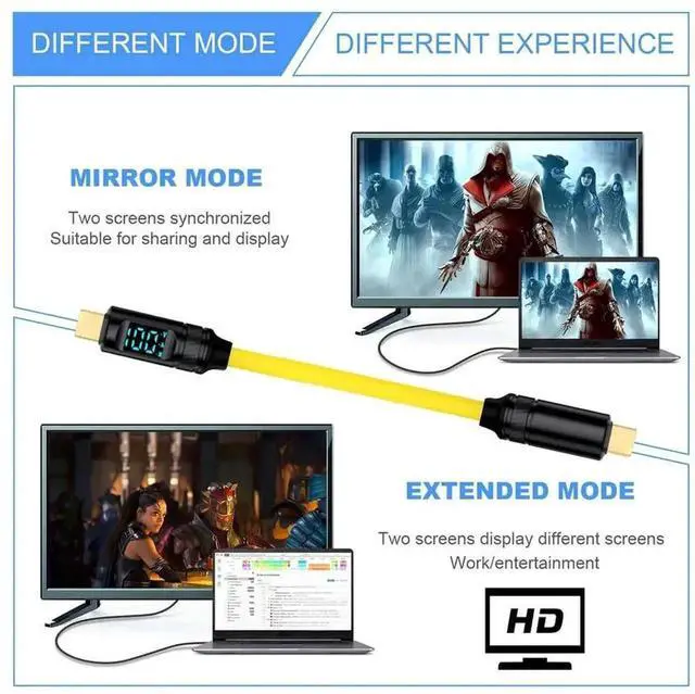 Alt view image 4 of 7 - 100cm USB-C Male to Male Cable with Smart LED Display,100W PD Charging 20Gbps Data Transfer 8K Video Type-C Cord,High Speed USB 3.2 Cable for Laptop,External SSD,Smartphone,Tablet