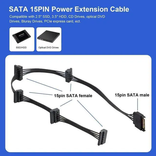 Alt view image 4 of 7 - 2 Pack 15Pin SATA to 5 SATA Power Splitter Extension Cable, 21 Inches SATA Power Y Cable for HDD, SSD, Desktop Storage Drives