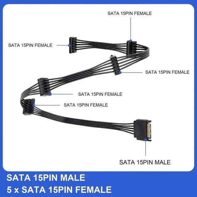 Alt view image 2 of 7 - 2 Pack 15Pin SATA to 5 SATA Power Splitter Extension Cable, 21 Inches SATA Power Y Cable for HDD, SSD, Desktop Storage Drives